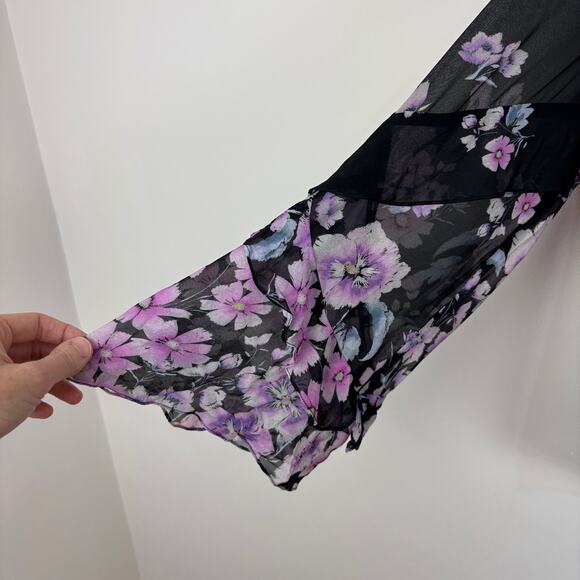 Nanette Lepore Zen Floral Silk Blouse Black Pink Sheer Large Fairy Feminine - Picture 11 of 15